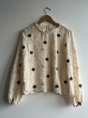 Cream Daisy Appliqués Blouse Sheer Puff Sleeve Cottagecore Boho Top Women Size M